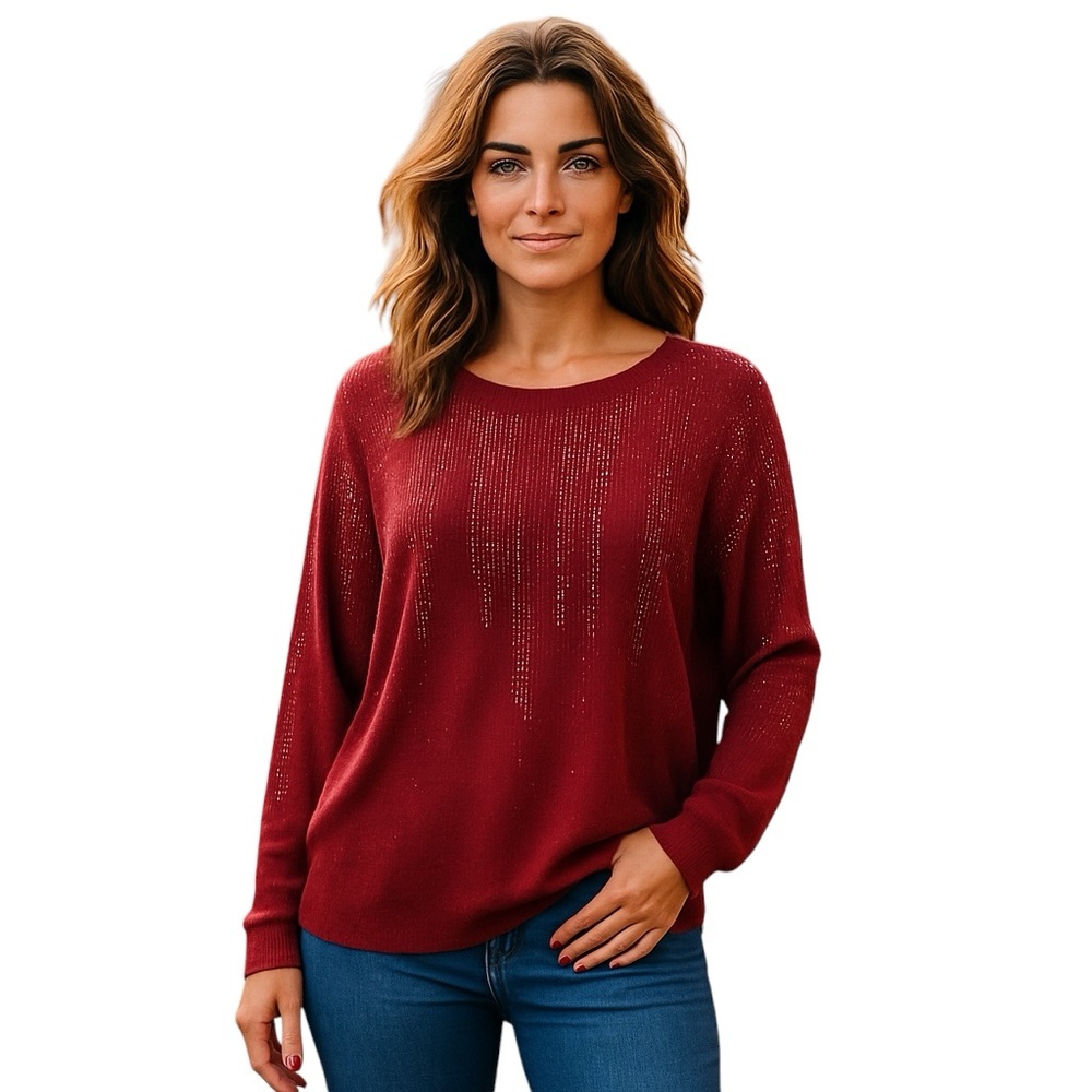 Liv Milano Red Rhinestone Studded Round Neck Sweater Knit Top - Size Medium